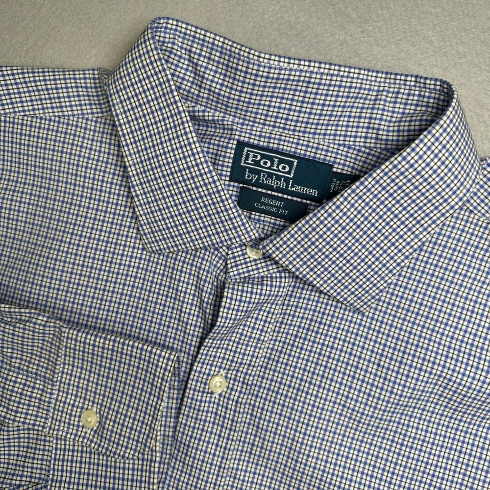 Polo Ralph Lauren Shirt Mens 18.5 38/39 Tall Blue Regent Classic Fit Check